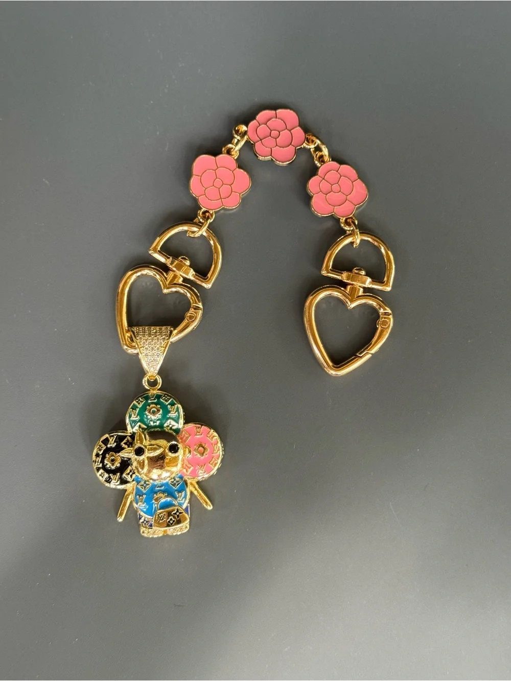 NWOT Gold Monogram Multicolor Mascot Bag Charm Extender Pink Camellia Key chain